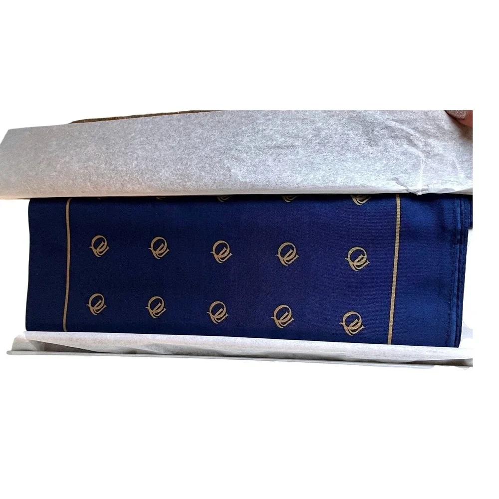 Vtg Designer 100% Silk Scarf Navy Gold Monogrammed Pocket Square Mens Accessory